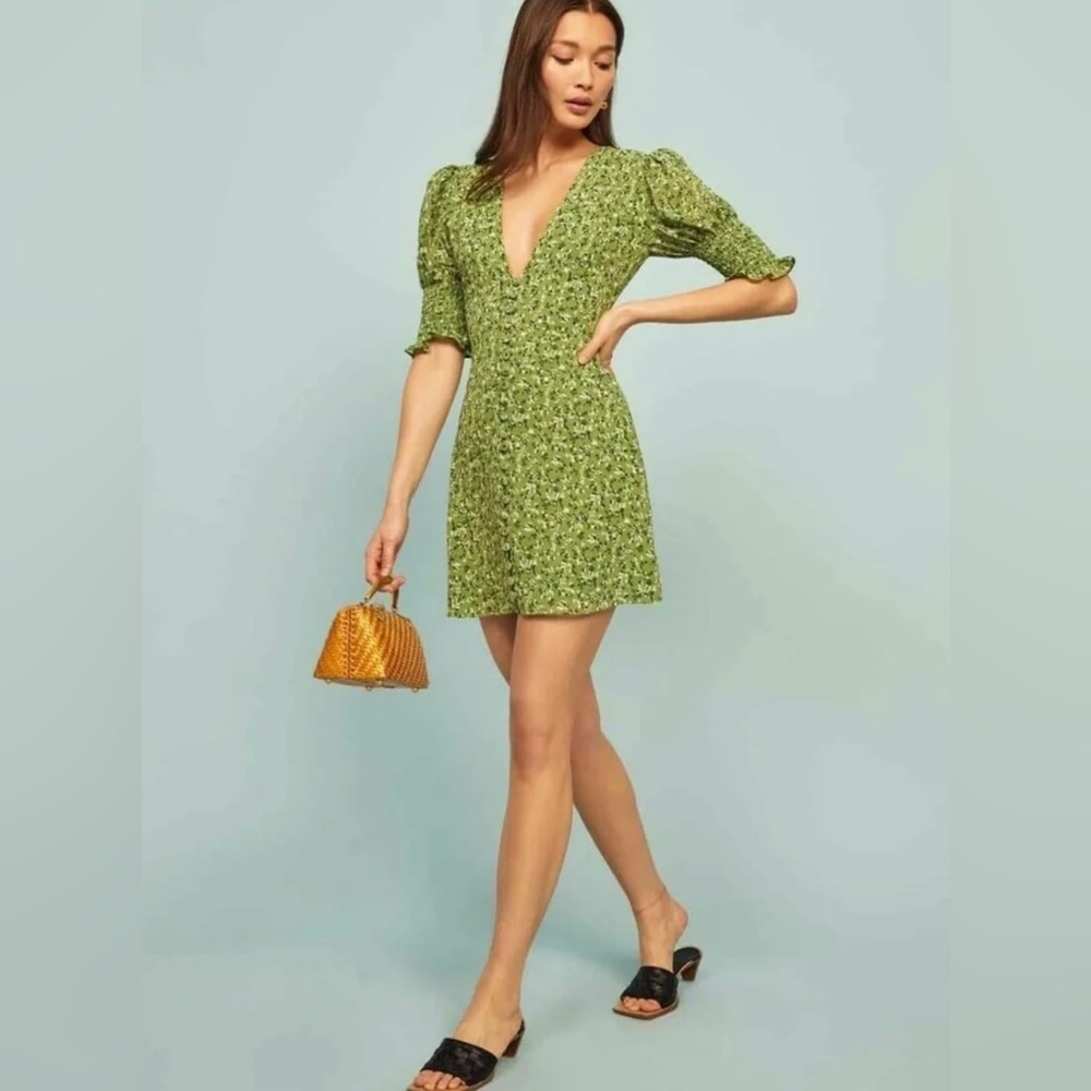 Reformation Alison Puff Sleeve Floral Mini Dress Samantha Green Size 2